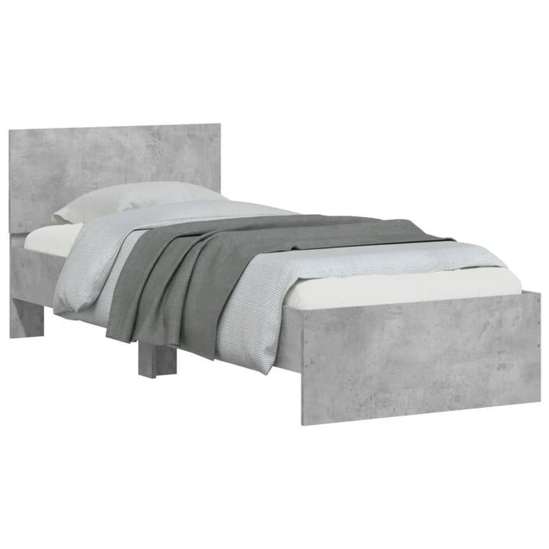 Cadru de pat cu tăblie și lumini LED, gri beton, 90x200 cm