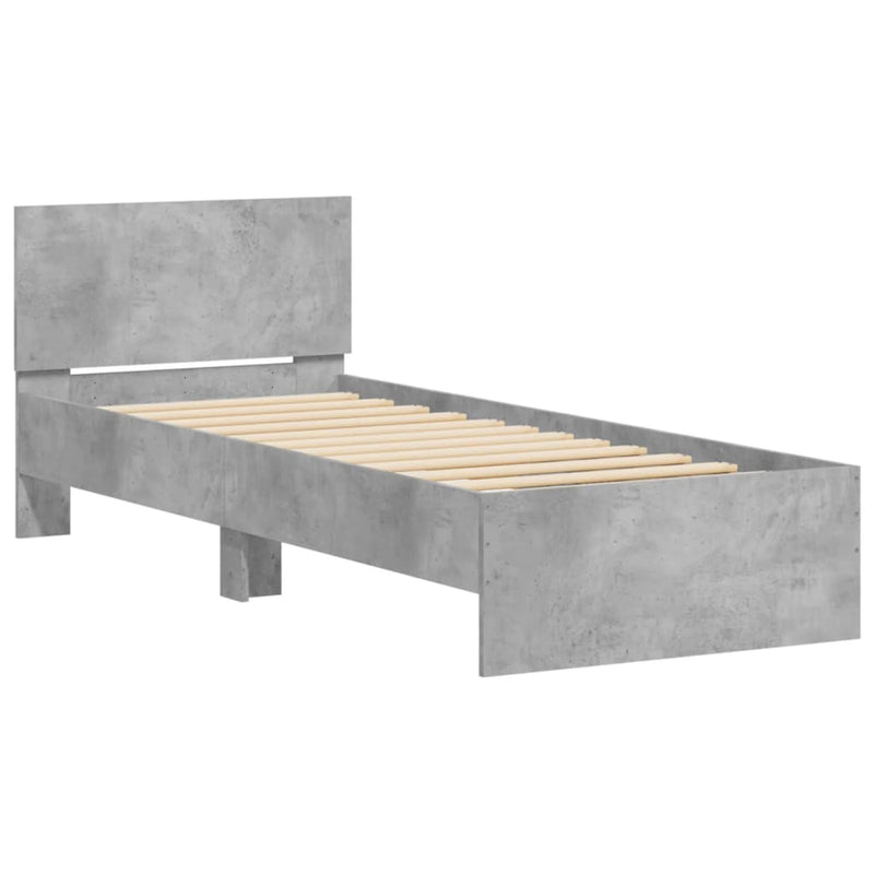 Cadru de pat cu tăblie și lumini LED, gri beton, 90x200 cm