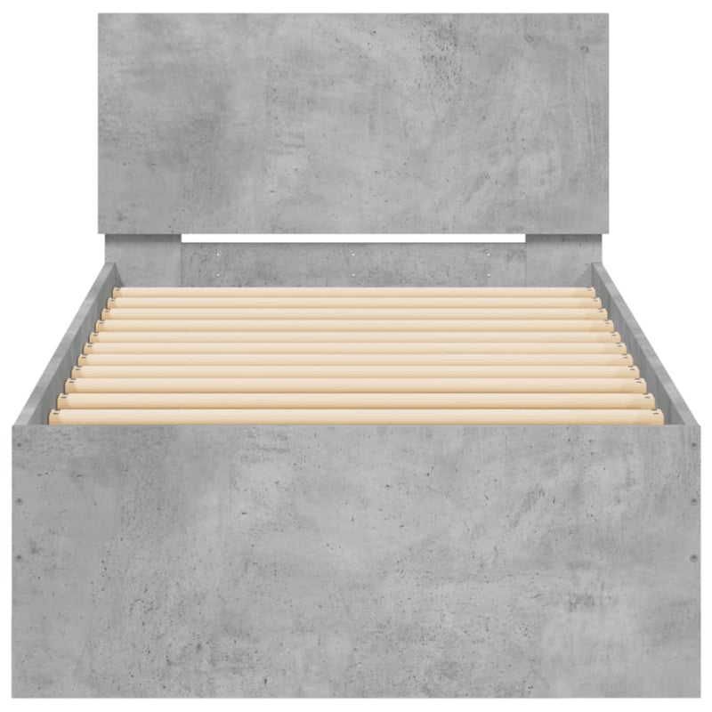 Cadru de pat cu tăblie și lumini LED, gri beton, 90x200 cm