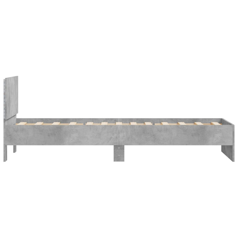 Cadru de pat cu tăblie și lumini LED, gri beton, 90x200 cm