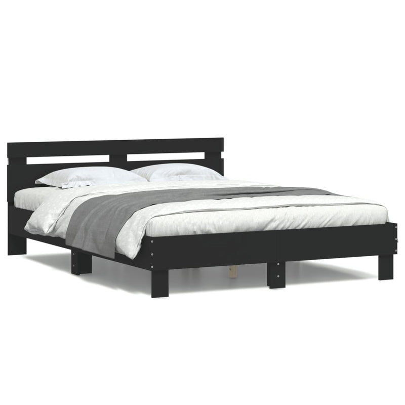 Cadru de pat cu tăblie și LED, negru, 140x190 cm