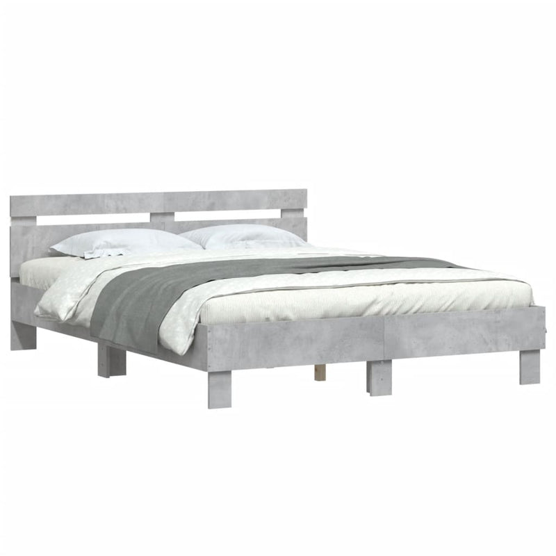 Cadru de pat cu tăblie și LED, gri beton, 140x190 cm