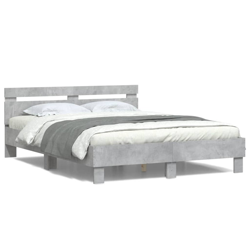 Cadru de pat cu tăblie și LED, gri beton, 140x190 cm