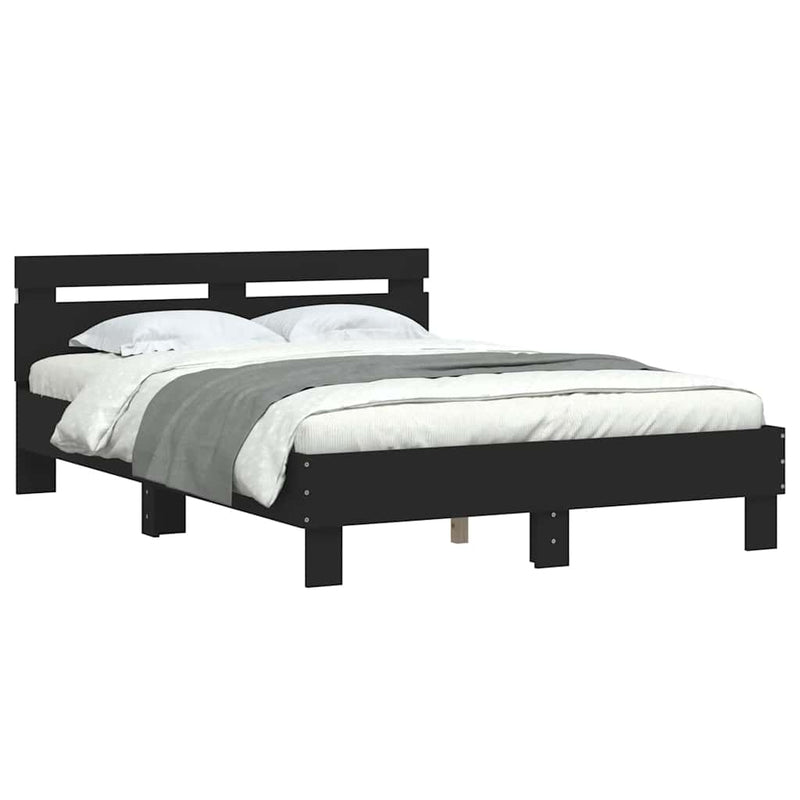 Cadru de pat cu tăblie și LED, negru, 135x190 cm