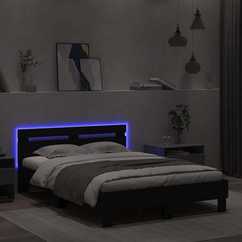 Cadru de pat cu tăblie și LED, negru, 135x190 cm