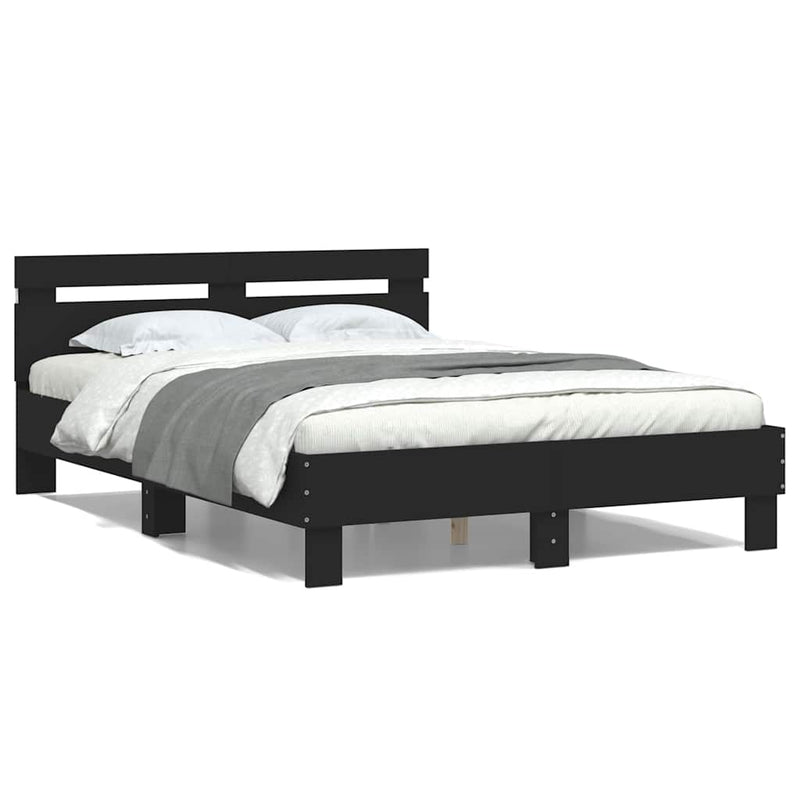 Cadru de pat cu tăblie și LED, negru, 135x190 cm