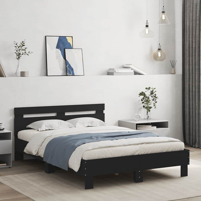 Cadru de pat cu tăblie și LED, negru, 135x190 cm