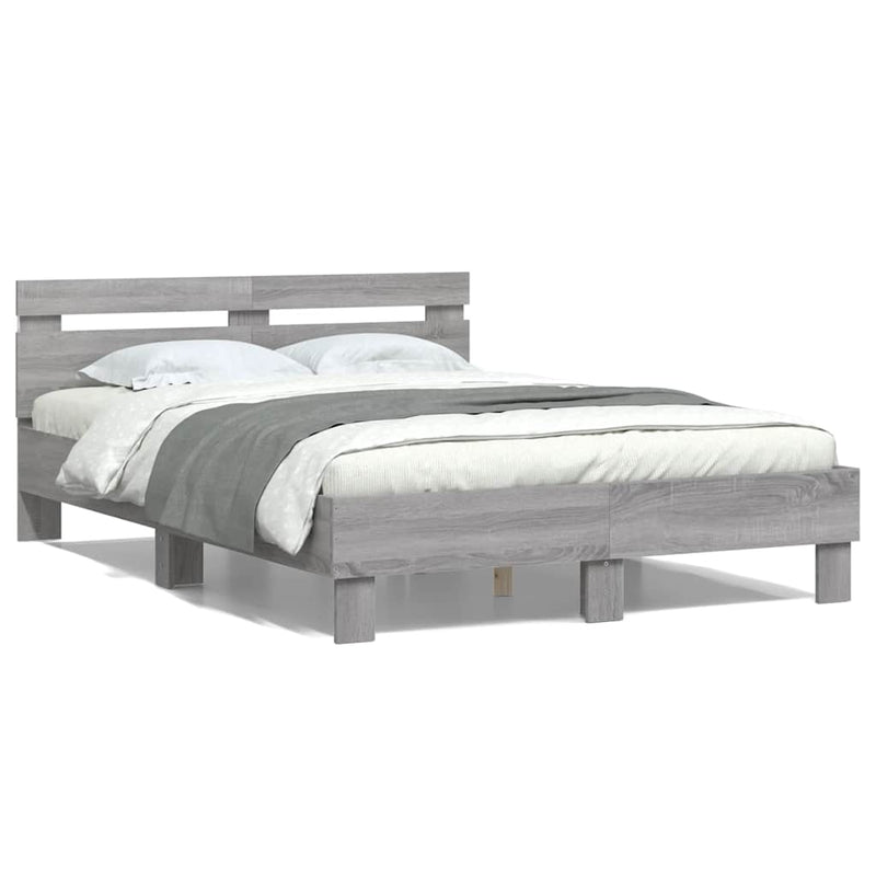 Cadru de pat cu tăblie și LED, gri sonoma, 135x190 cm