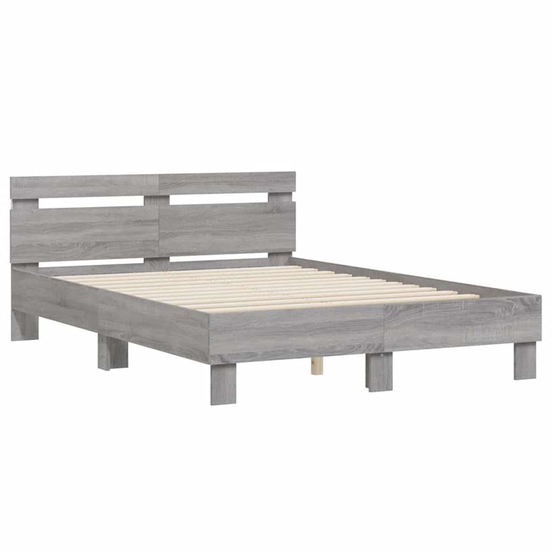 Cadru de pat cu tăblie și LED, gri sonoma, 135x190 cm