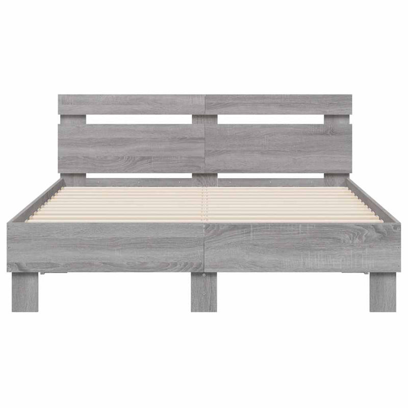 Cadru de pat cu tăblie și LED, gri sonoma, 135x190 cm