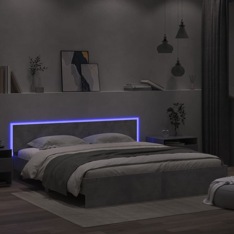 Cadru de pat cu tăblie și LED, gri beton, 200x200 cm