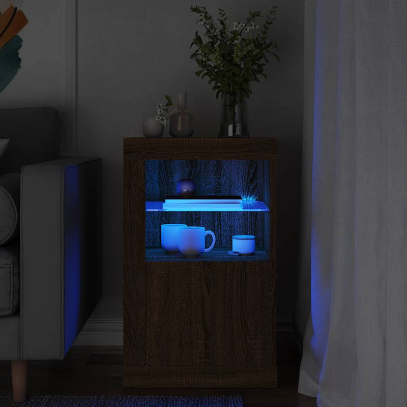 Dulap lateral cu lumini LED, stejar maro, lemn prelucrat