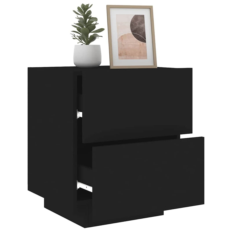 Noptiere cu lumini LED, 2 buc., negru, lemn prelucrat