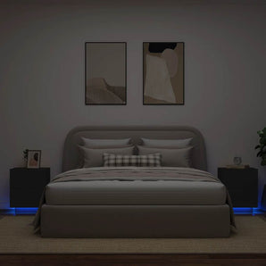 Noptiere cu lumini LED, 2 buc., negru, lemn prelucrat