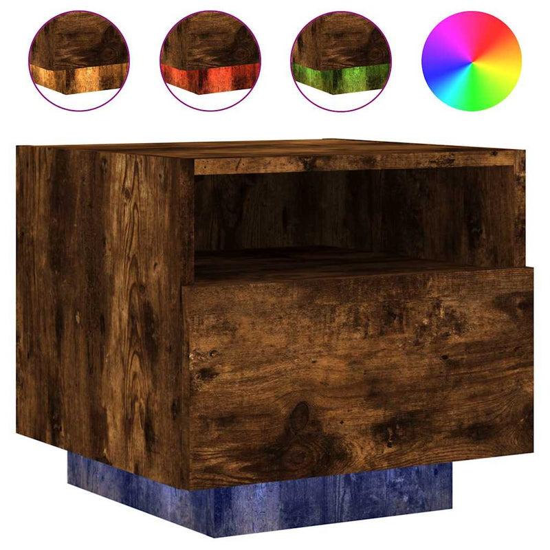 Noptiere cu lumini LED, stejar fumuriu, 40x39x37 cm