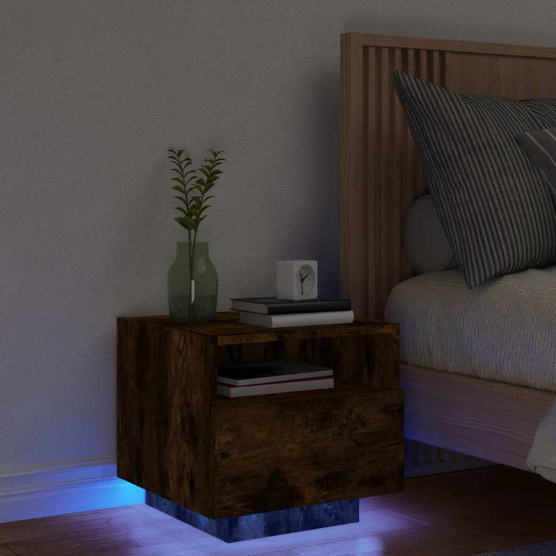 Noptiere cu lumini LED, stejar fumuriu, 40x39x37 cm