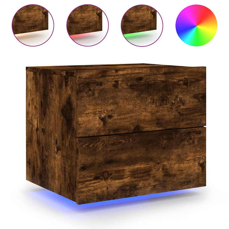 Noptiere montate pe perete cu lumini LED, 2 buc.,stejar fumuriu