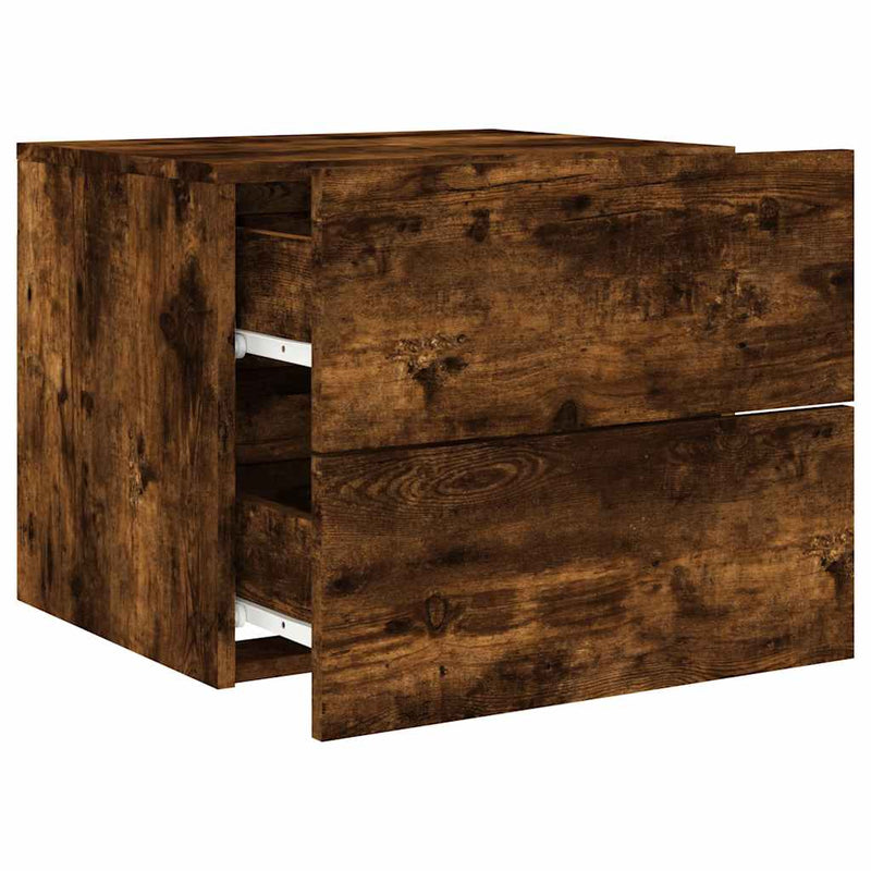 Noptiere montate pe perete cu lumini LED, 2 buc.,stejar fumuriu