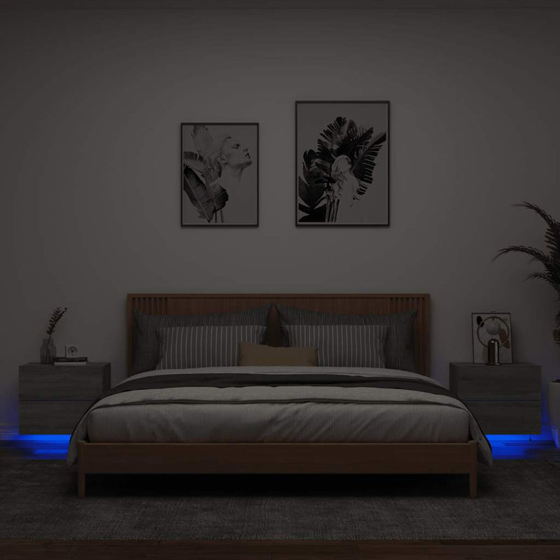 Noptiere montate pe perete cu lumini LED, 2 buc., sonoma gri