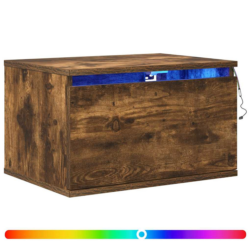 Noptiere montate pe perete cu lumini LED, 2 buc.,stejar fumuriu