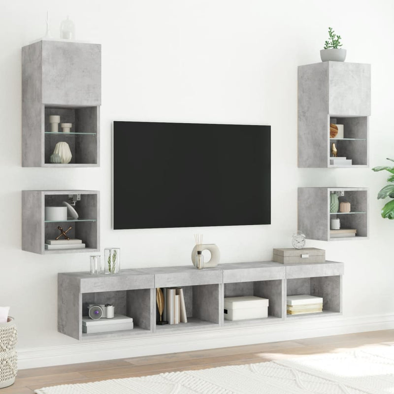 Comode TV de perete cu lumini LED 2 buc. gri beton 30x28,5x30cm