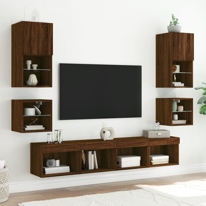 Comode TV cu lumini LED, 2 buc., stejar maro, 30x28,5x30 cm