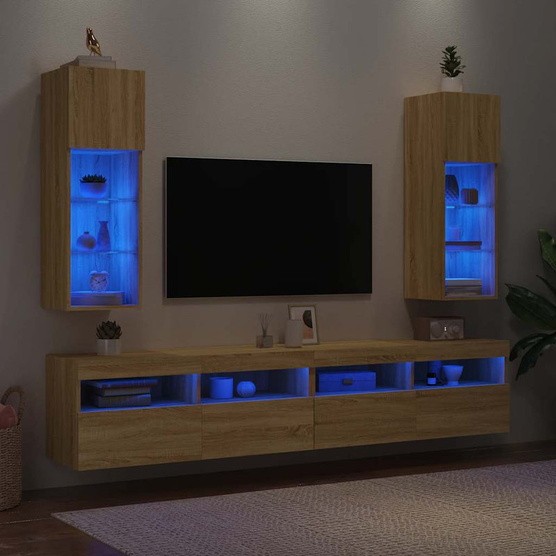 Comode TV cu lumini LED, 2 buc., stejar sonoma, 30,5x30x90 cm