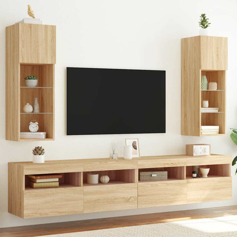 Comode TV cu lumini LED, 2 buc., stejar sonoma, 30,5x30x90 cm