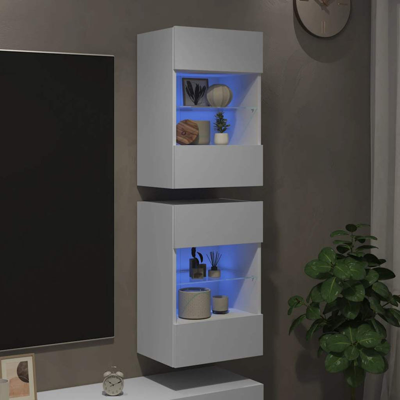 Comode de perete cu lumini LED pentru TV, 2 buc., alb, 40x30x60,5 cm