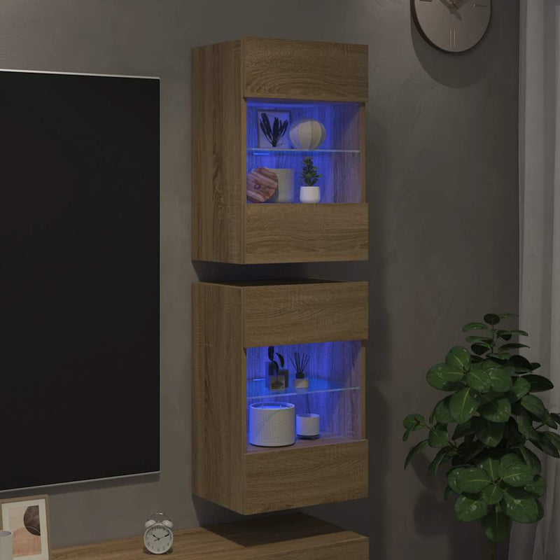 Comode de perete cu lumini LED pentru TV, 2 buc. stejar sonoma, 40x30x60,5 cm