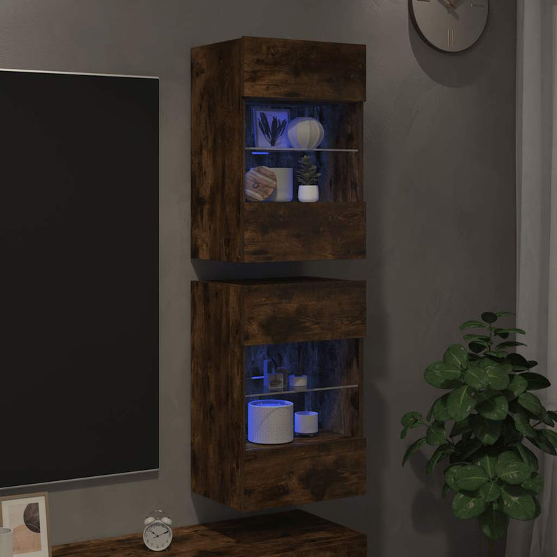 Comode de perete cu lumini LED pentru TV, 2 buc. stejar fumuriu, 40x30x60,5cm