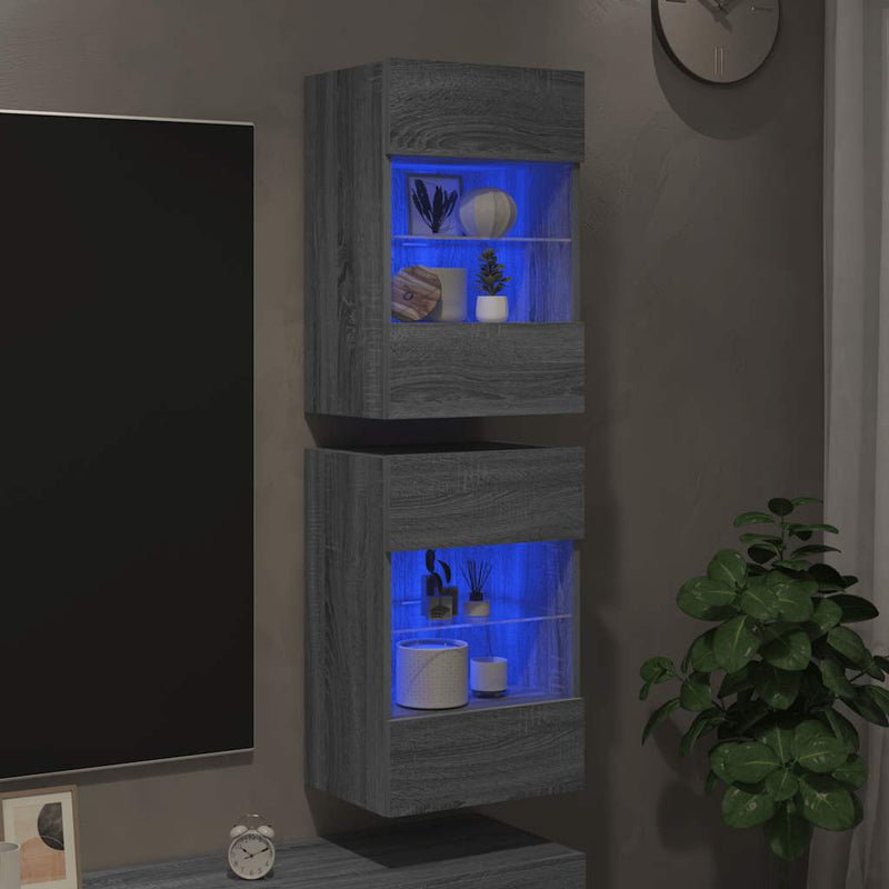 Comode de perete cu lumini LED pentru TV, 2 buc, gri sonoma, 40x30x60,5 cm