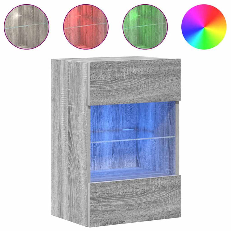 Comode de perete cu lumini LED pentru TV, 2 buc, gri sonoma, 40x30x60,5 cm