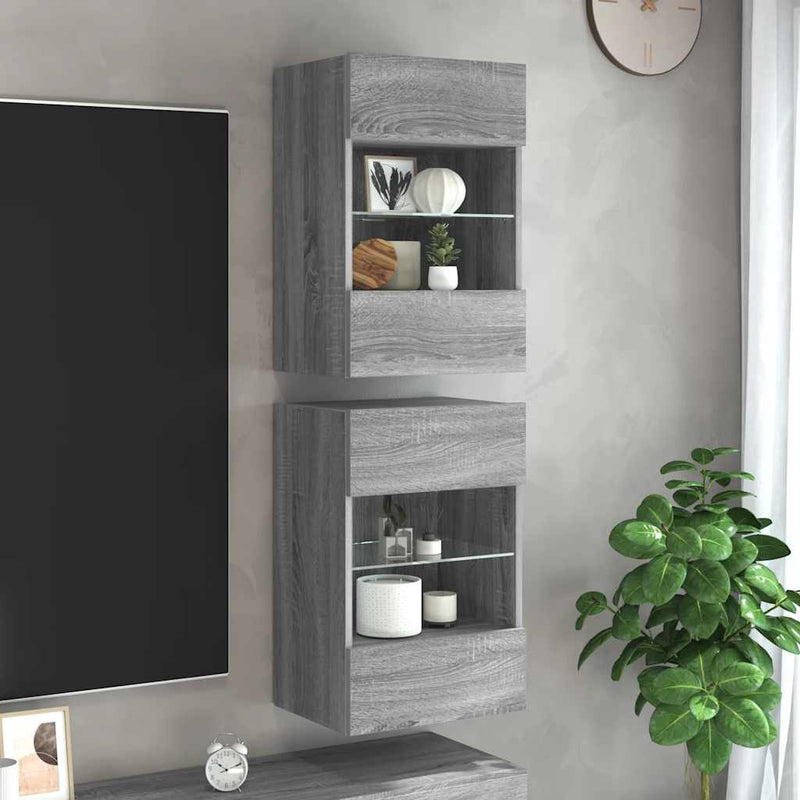 Comode de perete cu lumini LED pentru TV, 2 buc, gri sonoma, 40x30x60,5 cm