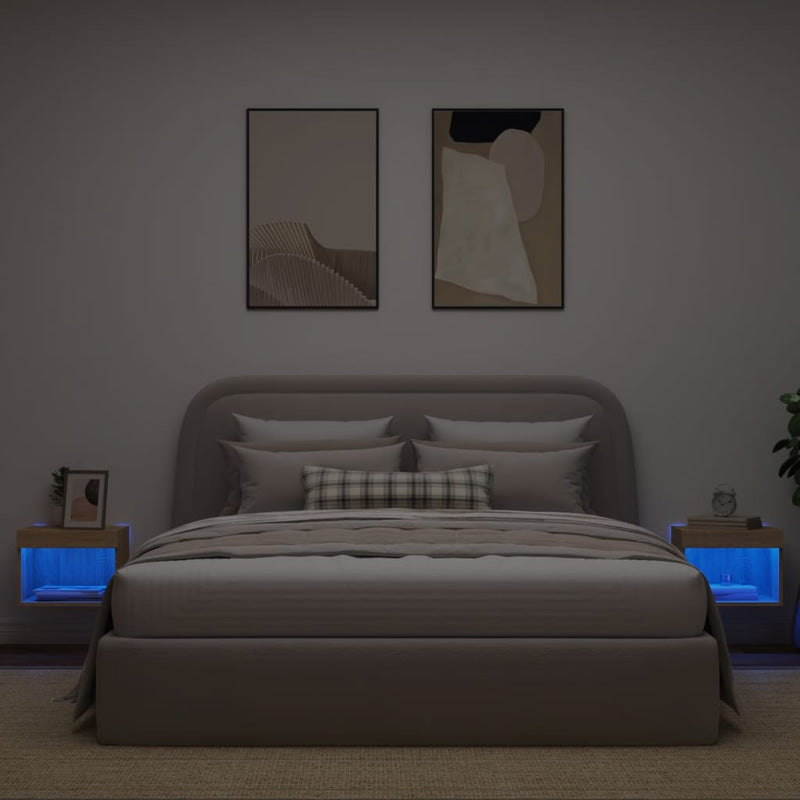 Noptiere cu lumini LED montate pe perete, 2 buc., stejar sonoma