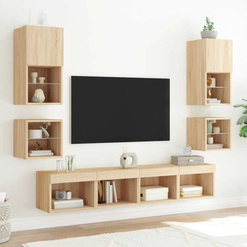 Noptiere cu lumini LED montate pe perete, 2 buc., stejar sonoma