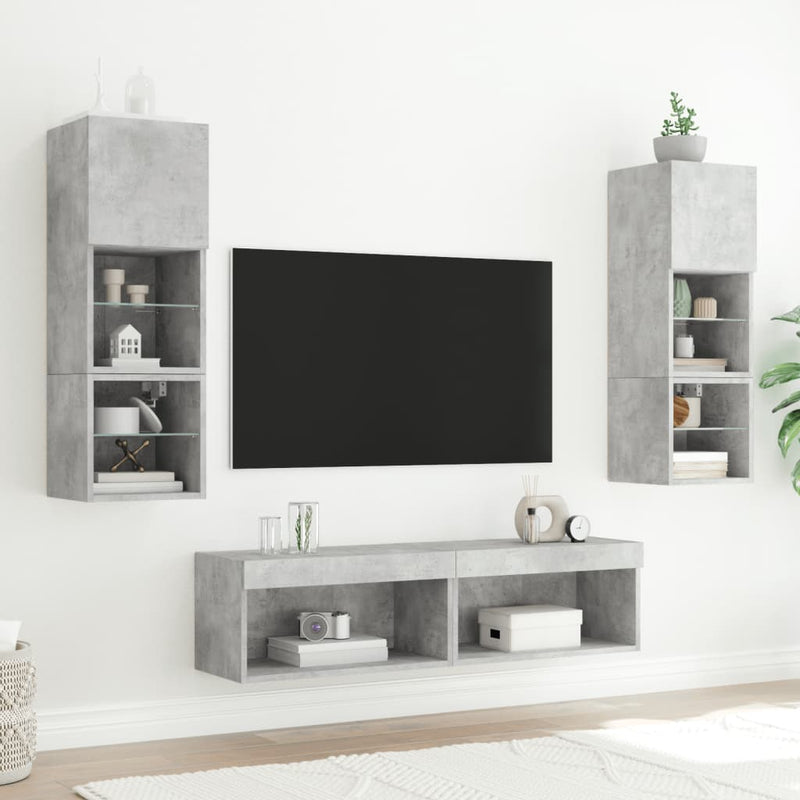 Comode TV cu lumini LED, 2 buc., gri beton, 60x30x30 cm