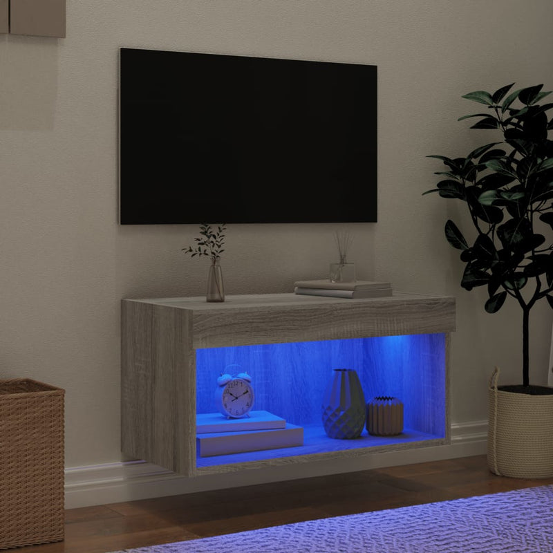 Comodă TV cu lumini LED, gri sonoma, 60x30x30 cm
