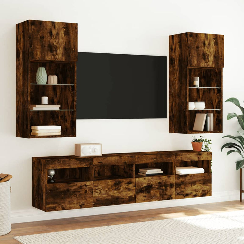 Comodă TV de perete cu LED, 2 buc. stejar fumuriu, 40x30x40 cm