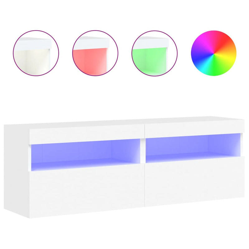 Comode TV de perete cu lumini LED, 2 buc., alb, 60x30x40 cm