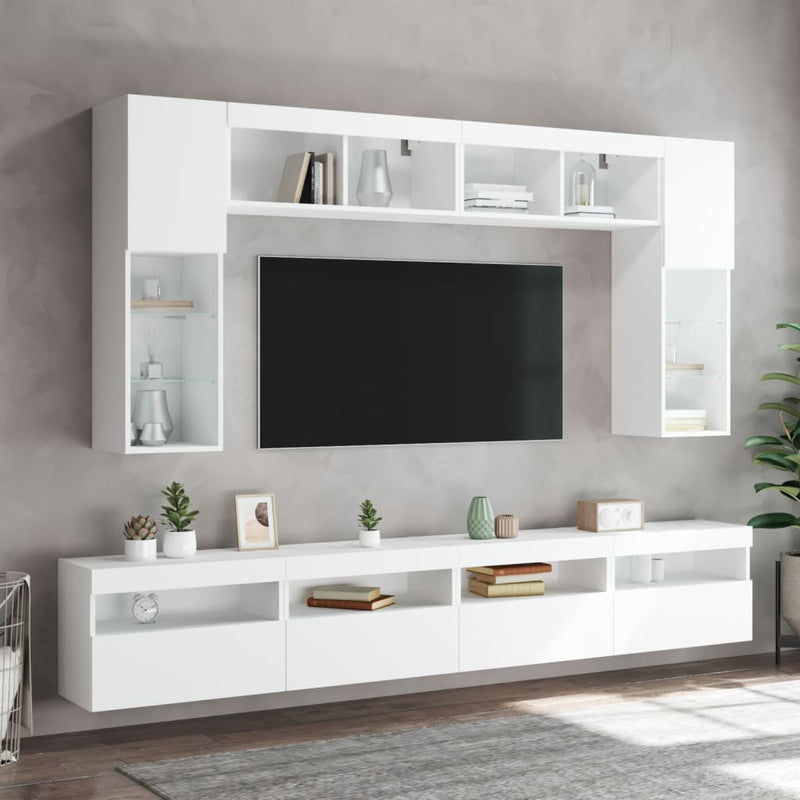 Comode TV de perete cu lumini LED, 2 buc., alb, 60x30x40 cm