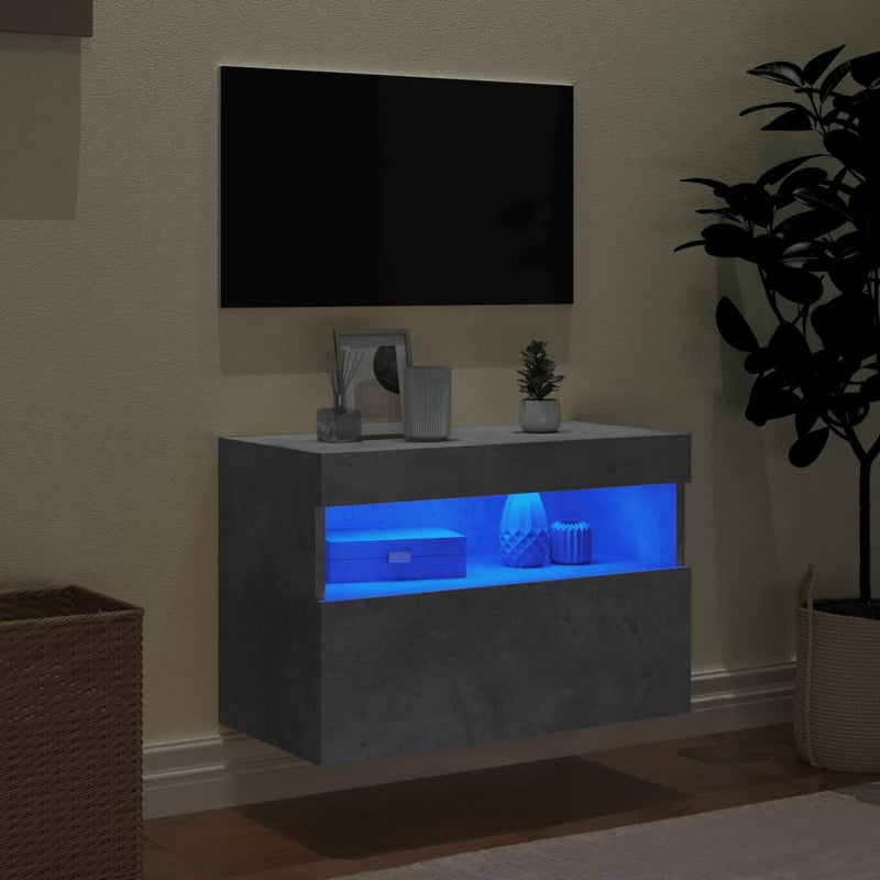 Comodă TV de perete cu lumini LED, gri beton, 60x30x40 cm