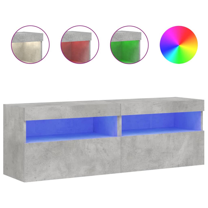 Comode TV de perete cu lumini LED 2 buc. gri beton 60x30x40 cm