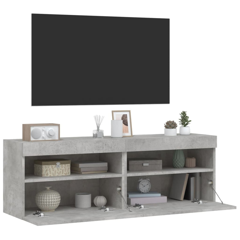 Comode TV de perete cu lumini LED 2 buc. gri beton 60x30x40 cm