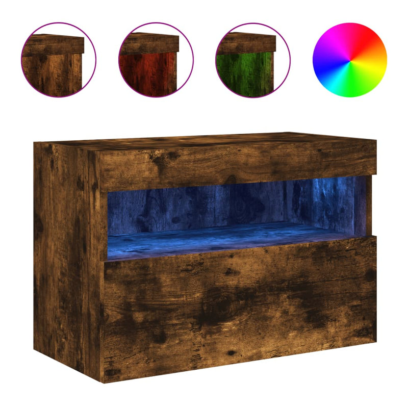 Comodă TV de perete cu lumini LED, stejar fumuriu, 60x30x40 cm