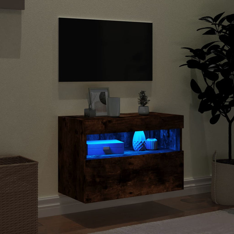 Comodă TV de perete cu lumini LED, stejar fumuriu, 60x30x40 cm