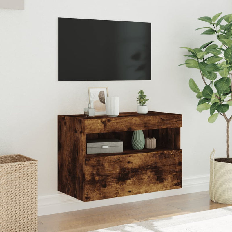 Comodă TV de perete cu lumini LED, stejar fumuriu, 60x30x40 cm