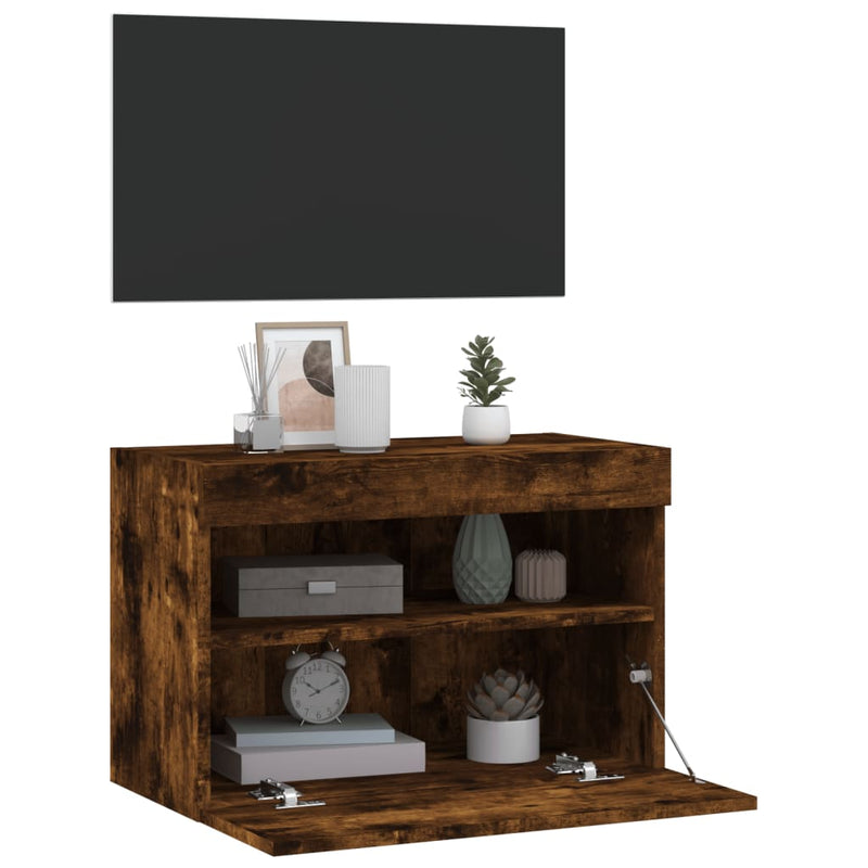 Comodă TV de perete cu lumini LED, stejar fumuriu, 60x30x40 cm