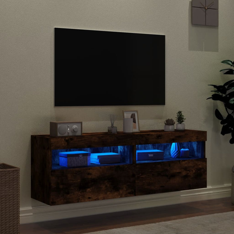 Comodă TV de perete cu LED, 2 buc. stejar fumuriu, 60x30x40 cm