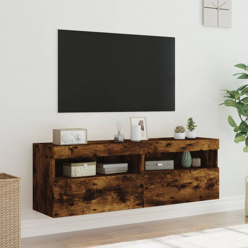 Comodă TV de perete cu LED, 2 buc. stejar fumuriu, 60x30x40 cm